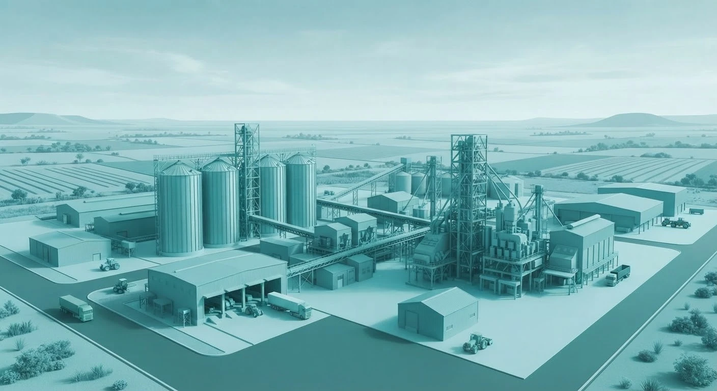 Silos et charpentes métalliques d'une usine agro-industrielle face à l'horizon, stylisés en duotone turquoise.