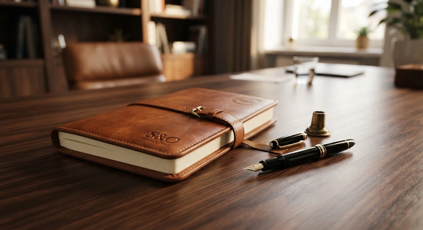 Carnet en cuir et stylo plume de précision posés sur un bureau en bois sombre.
