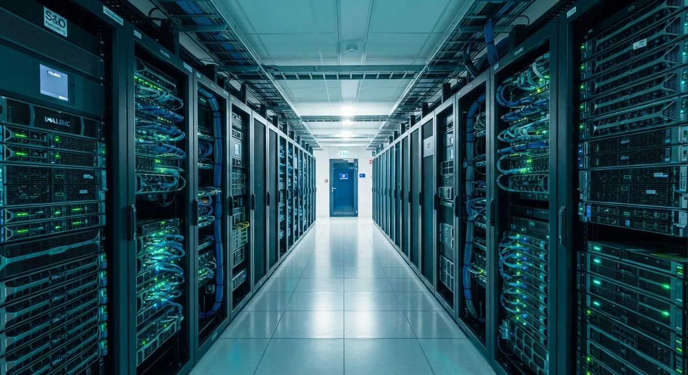 Équipe informatique collaborant dans un data center moderne et lumineux.