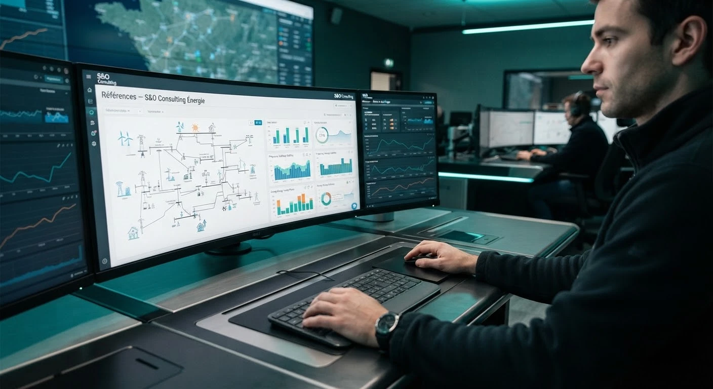 Salle de contrôle d'un réseau électrique moderne, écrans lumineux aux tons turquoise profonds.