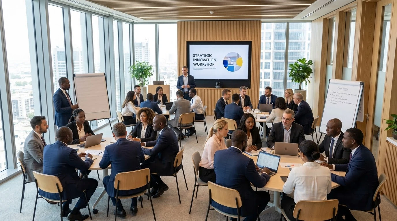 Atelier de formation stratégique réunissant des professionnels autour de tables de travail, baies vitrées donnant sur le quartier d'affaires.