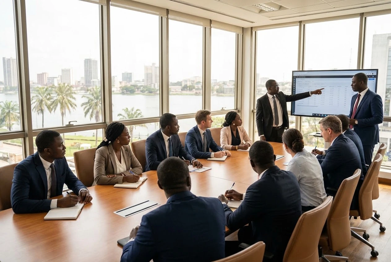 Réunion professionnelle dans un bureau lumineux à Abidjan, équipe diverse en pleine collaboration.