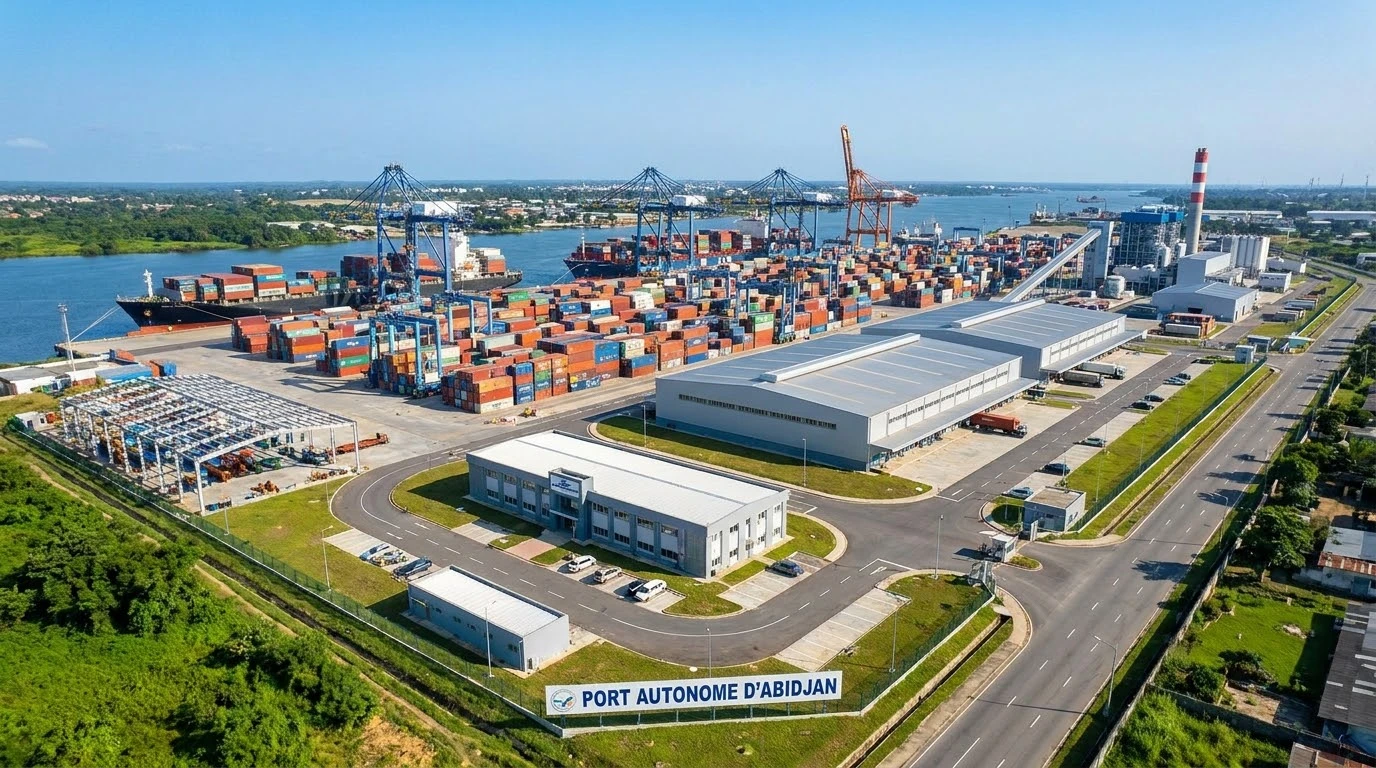 Vue aérienne du Port Autonome d'Abidjan, paysage industriel portuaire moderne en Côte d'Ivoire.