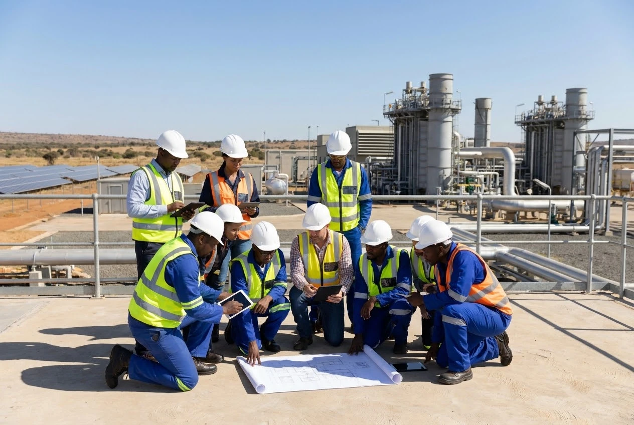 Ingénieurs en équipements de sécurité collaborant sur un site industriel moderne.