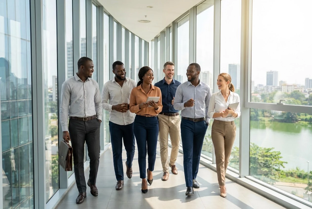Groupe de professionnels souriants marchant ensemble dans un couloir d'entreprise moderne et lumineux à Abidjan.