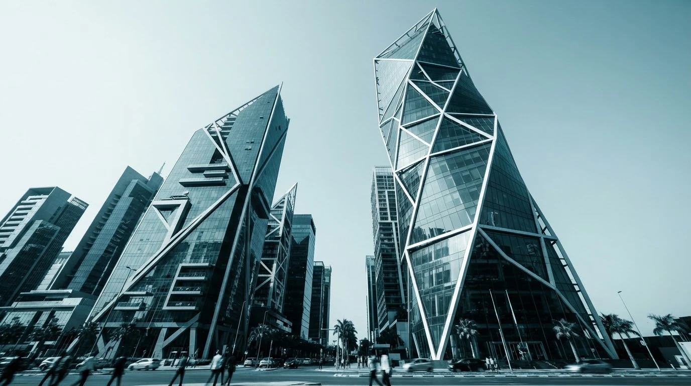 Façades de verre et d'acier d'une architecture de bureaux moderne, vues en contre-plongée sur ciel dégagé.