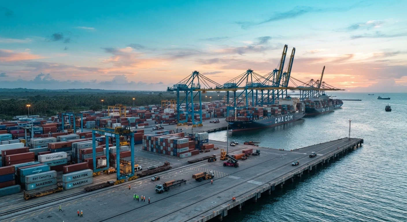 Terminal portuaire industriel moderne en Afrique de l'Ouest à l'aube, avec grues et navires cargo sous un ciel turquoise.