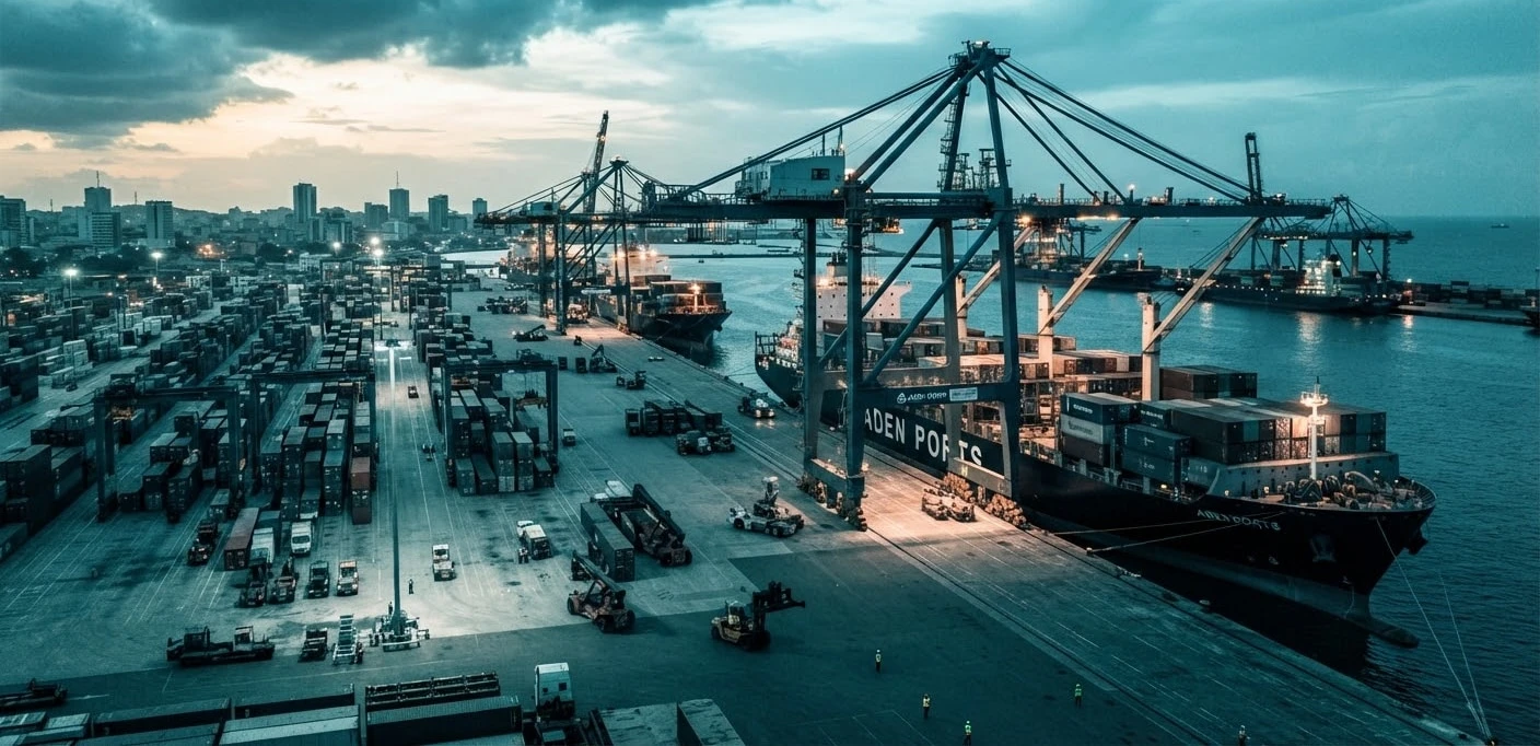 Port africain moderne avec grues et navires cargo, traité en duotone turquoise.
