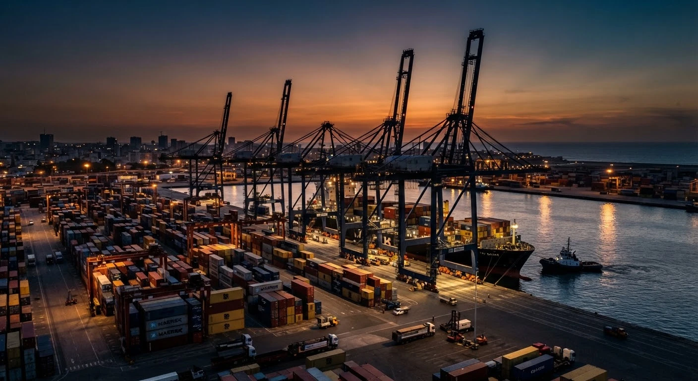 Port de Dakar au crépuscule : conteneurs et grues en contre-jour, composition géométrique.