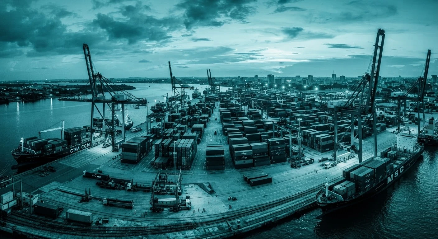 Port à conteneurs industriel d'Abidjan au coucher du soleil, structures métalliques en duotone turquoise.