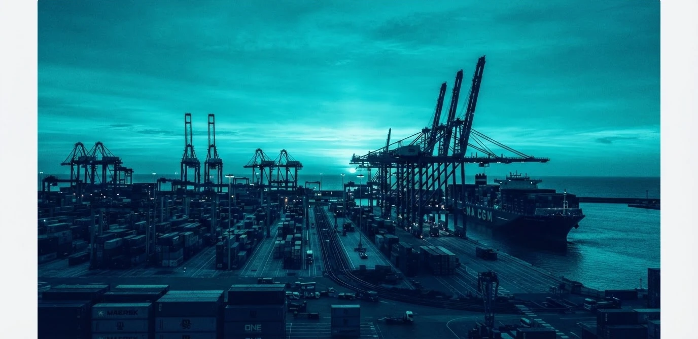 Port en eau profonde au coucher du soleil, silhouettes de grues à conteneurs sur un ciel aux teintes turquoise.
