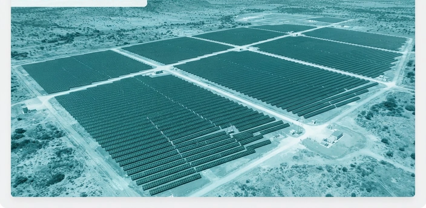 Vue aérienne d'une ferme solaire en Afrique sous un ciel bleu dégagé.