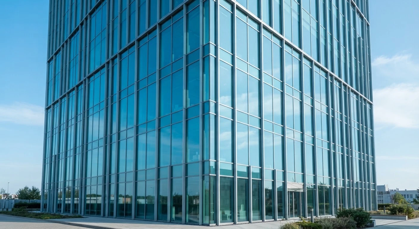 Façade géométrique d'un immeuble de bureaux moderne reflétant un ciel bleu dégagé.