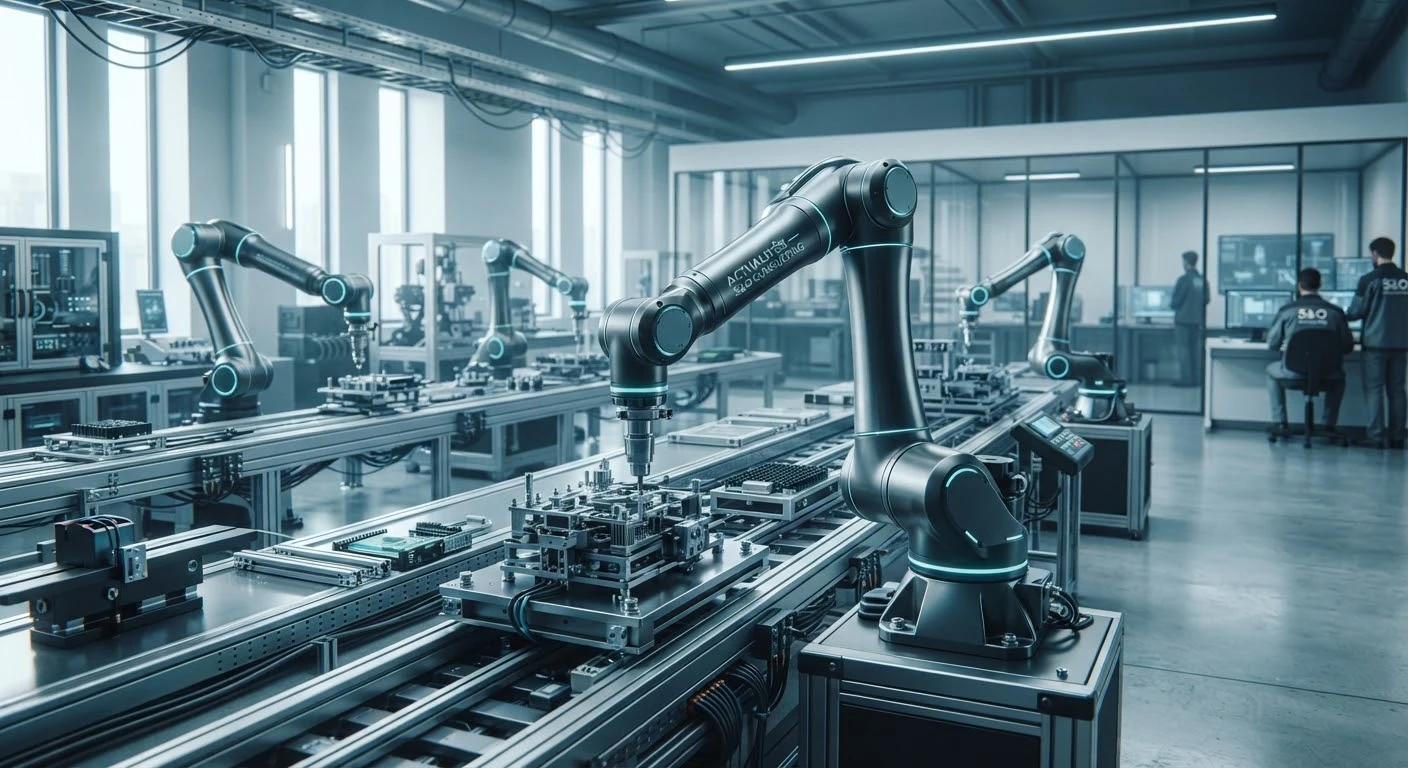 Ingénieurs et opérateurs industriels aux commandes de machines de pointe dans une usine moderne.