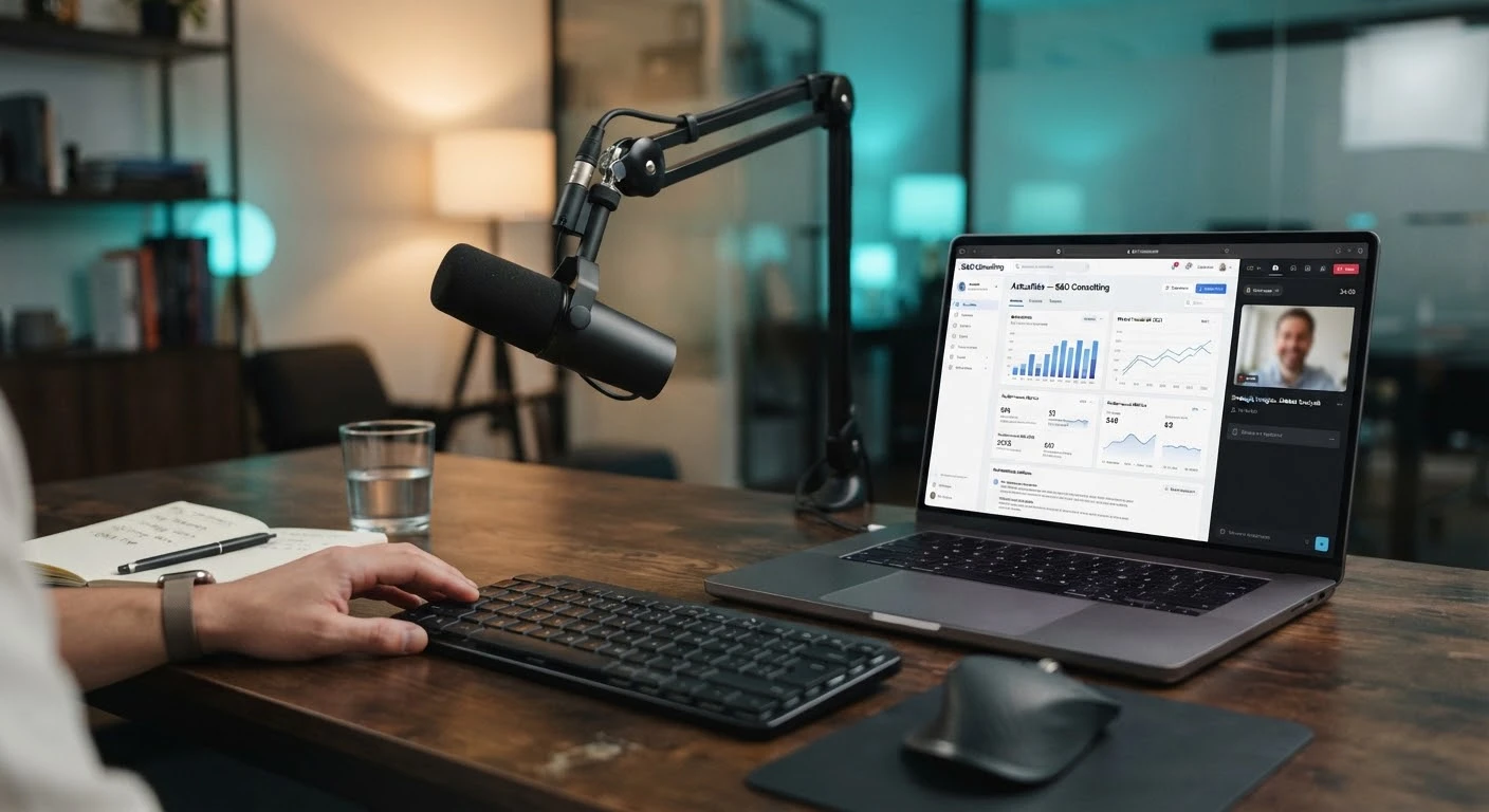 Studio d'enregistrement de webinar avec micro professionnel et ordinateur portable affichant des graphiques de données.